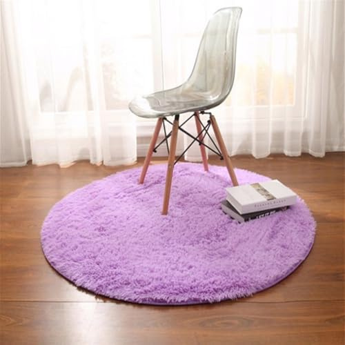 Lifup Teppich Rund Wohnzimmer, Schlafzimmer rutschfest Shaggy Modern Flauschig Einfarbig Langflor Kunstfell fürs Esszimmer oder Kinderzimmer Violett 2 80 x 80 cm