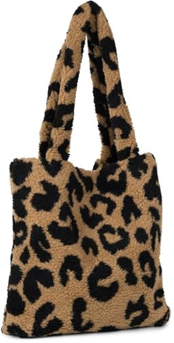 styleBREAKER Damen Beuteltasche in Teddyfell Optik mit Leo Muster - Stylische Schultertasche mit breiten Henkeln, Animal Print 02012410, Farbe:Braun-Schwarz