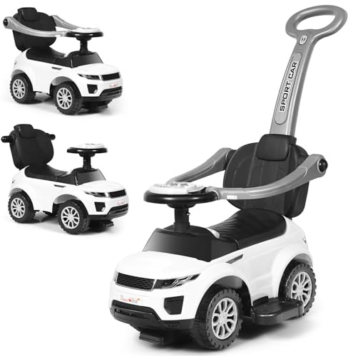 GOPLUS 3 en 1 Correpasillos para Bebés de 1-3 Años, Coche sin Pedales con Espacio de Almacenaje, Coche de Empuje Infantil con Sonido, Asa de Empuje Extraíble y Barra de Seguridad 89x43x84 cm (Blanco)