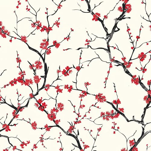 JIAOQSS Papier Peint Adhesif Mural Branches de cerisier en fleurs Fleurs rouges Papier Adhesif pour Meuble Rouleau Adhesif Decoratif pour Cuisine Chambre Revetement Mural Adhesif Vinyle Autocollant