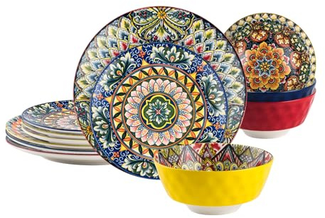 12-delars servis, porslinsservis för 4 personer - Färgglada diskar från 4x matskålar, 4x dessertfat, 4x salladsskålar - Bohemian stil