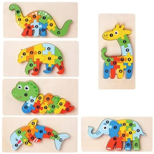 Holzpuzzle für Kleinkinder mit niedlichen Tiermotiven. Set mit 6 Puzzles aus Holz für Kinder mit Zahlen, Pädagogische Puzzle für Jungen und Mädchen- 3916