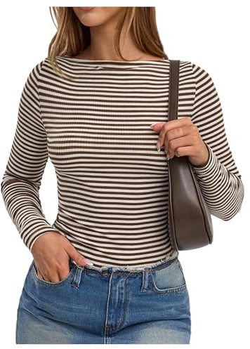 Milumia Women's Striped Long Sleeve Shirt Y2k Boat Neck Fitted Knit Tops Fall Clothes Brown Small
