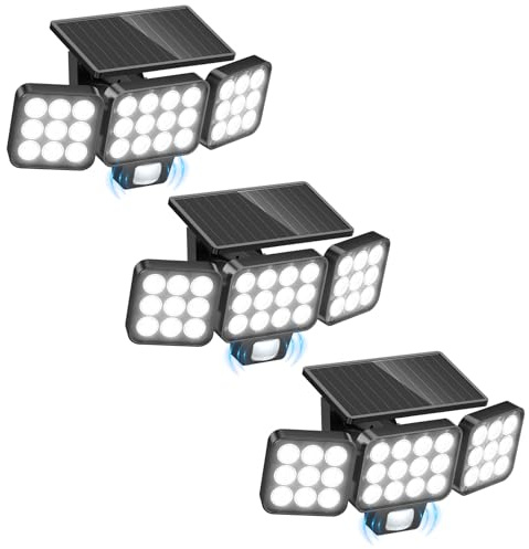WdtPro Solar Lights Outdoor Flood Light 3 Pack, 3500LM Bright Motion Sensor Outdoor Lights, 3 Heads & Upgrade Glass Panel, LED Solar Powered Security Light Spotlights Waterproof for Outside Yard