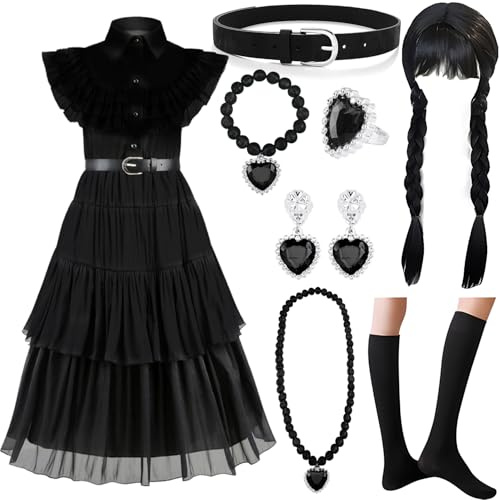 MWZEAUL Wed-kostym för flickor, 8 st flickor, barn, halloweenkostym med peruk, smycken accessoarer, barn, prinsessa, kostym, svart, klänning för karneval, halloween, karneval, födelsedag, cosplay, 130