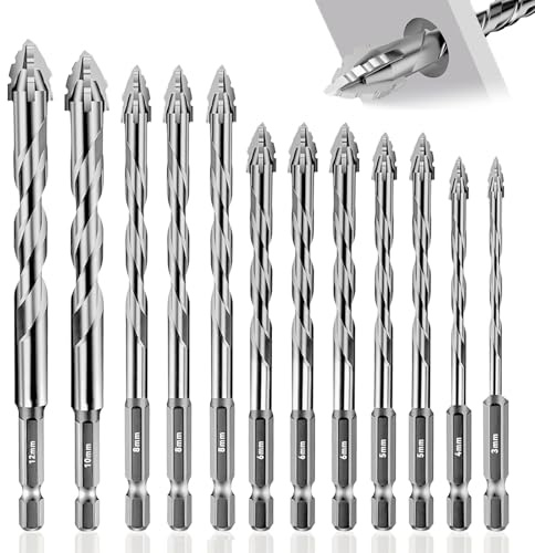 12 Piezas Brocas Porcelanico, Broca Ceramica 3/4/5/5/6/6/6/8/8/8/10/12 mm, Juego Hexagonal Brocas para Azulejos, Pared, Ladrillo, Vidrio, Plástico, Madera, Metal (Plata)