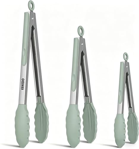 EEKEDO Silicone Tongs for Cooking Non-Stick Pans Grilling Air Fryer Salad | 600°F Heat-Resistant Kitchen Tongs with Silicone Tips, Dishwasher Safe, Non-Scratch, Locking Mechanism 7 9 & 12 Sage Green