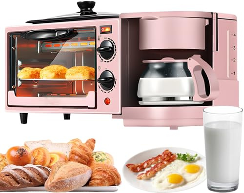 Breakfast Maker Station with Mini Toaster, Electric Oven, Coffee Maker, Frying Pan & Egg Sandwich Maker - 3 In 1 Multifunctional Appliance for Kitchen