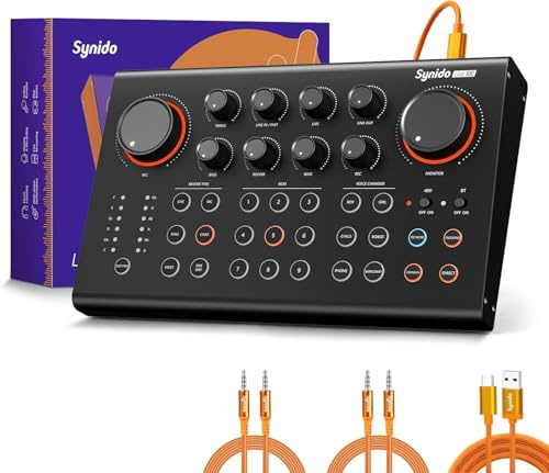 Synido Podcast Equipment Sound Card, Audio Interface Mixer with Pro-preamp, 48V Phantom, 9 Customize Sound Pads, XLR, 1/4, 1/8 Inputs for Live Streaming/Music Recording/Gaming/PC/Guitar, Black