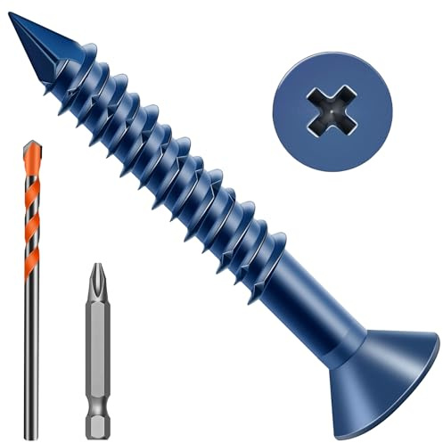 Zynthor 5.5 x 70mm Concrete Screws, 50 Pcs Blue Flat Head Concrete Screws Anchor Kit with Drill Bit and Screwdriver Bit, for Masonry, Cement, Block, Brick or Stucco