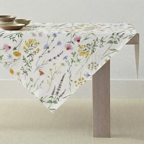ViaElayu Mantel Primavera 100x100 Pequeño Mantel de Jardín Centro de Mesa Exterior Moderno Amarillo Rosa Flores Hojas Verdes Lavables Cuadrados Manteles de Jardín para Exterior