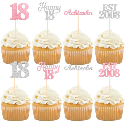 Gleevio Achtzehn Tortendeko 18 Geburtstag Mädchen Junge,24 Stück Muffin Deko 18 Geburtstagdeko,Glitzer Cupcake Topper 18. Geburtstag Mädchen,EST 2008 Kuchendeko,Cupcake Deko 18. Geburtstagdeko