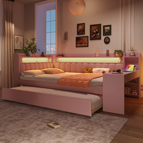 Zravenna Holzbett Schlafsofa 140 x 200 cm mit Ausziehbett, Kinderbett Tagesbett mit Schreibtisch & Staufach, Funktionsbett, Bettgestell mit Lattenrost, Ohne Matratze, (Rosa -A)