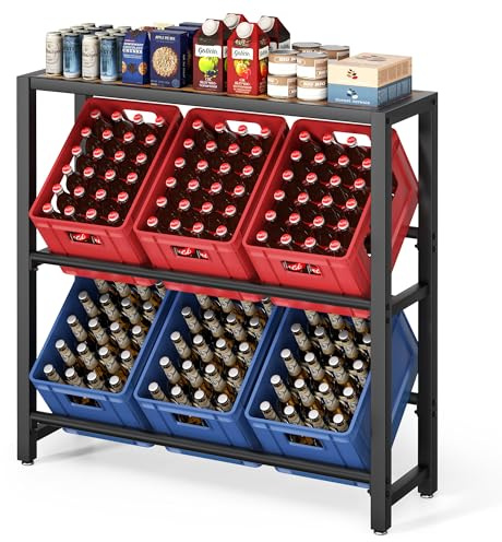 Josmimic Scaffale per casse di bevande con ripiano per 6 scatole, robusto scaffale in metallo, nero, salvaspazio, per birra, acqua e bevande analcoliche, ideale per cucina, cantina e ripostiglio