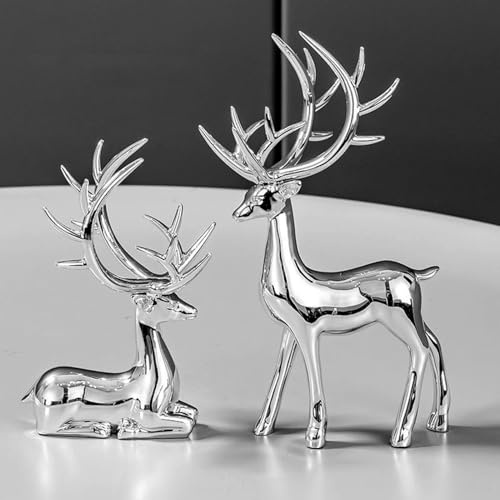 KIMISS Elegant Hjortstatyer Inredning för Hemmet - 1 par Hjortfigurer Heminredning Skrivbord Stående Staty på Knästående Hållning - Utsökta Gräsprydnader och Statyer (Silver)