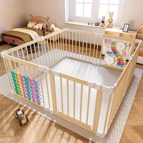 Laufstall Baby aus Holz mit Spielzeug, Faltbares Laufgitter 145×145×61 cm | Laufstall Baby mit Tür & Sicherheitsverschluss, individuell formbarer Krabbelgitter & Absperrgitter aus robustem Holz