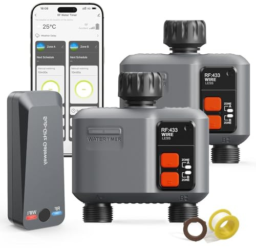 johgee 2 Pcs Smart WiFi Water Timer 2 zone for Irrigation | 300M RF Gateway, Sprinkler Hose Timer for Garden Hose,Rain Delay, App Control,WiFi Irrigation Sprinkler Controller for Garden