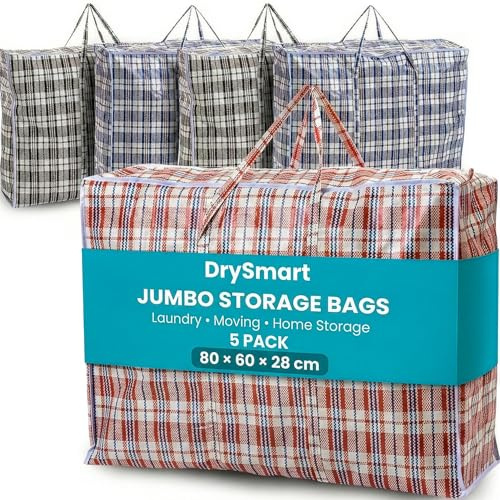 DrySmart 5 Pack Jumbo Storage Bags with Zips (80cmX60cmX28cm) – Durable, Waterproof, Reusable Laundry Bags for Clothes, Wardrobe, Laundry Organization, Moving & Home Storage