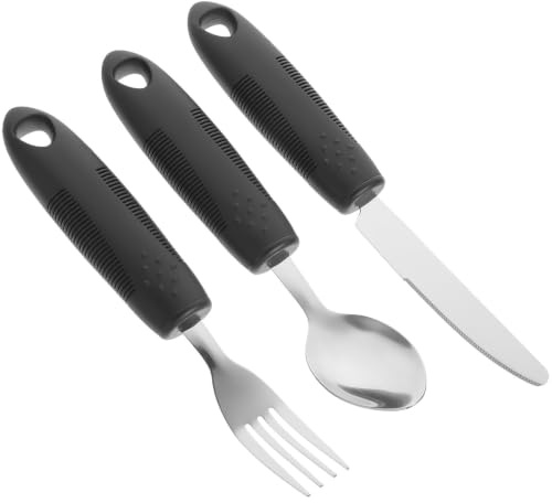 VINTORKY Set de Couverts Anti-tremblements en Acier Inoxydable et Plastique, Vaisselle Adaptée pour Personnes Âgées Poignée Ergonomique, Résistant et Facile à Utiliser Réutilisable