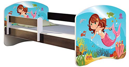ACMA Kinderbett Jugendbett mit Einer Schublade und Matratze Wenge mit Rausfallschutz Lattenrost II 140x70 160x80 180x80 (09 Meerjungfrau, 160x80)