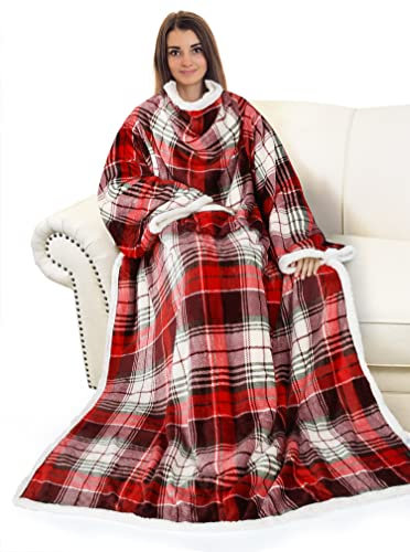 Catalonia Classy coperta sherpa con maniche, micro peluche Sherpa plaid con maniche, coperta con braccia, Regalo per adulti, uomini, donne, adolescenti, fidanzata, moglie, 185 x 140 cm,scozzese rosso