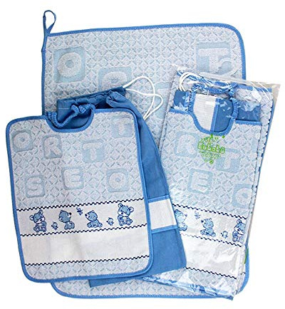 Juego de guardería escolar para bordar osito de 3 piezas: babero de rizo con goma elástica, 28 x 32 cm, toalla de 40 x 55 cm y bolsa de 34 x 38 cm, tela de algodón 100 % Made in Italy (Azzurro)
