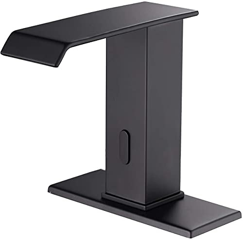 Automatic Touchless Sensor Faucet Black Motion Activated Bathroom Sink Faucets Waterfall Hands Free Water Tap with Deck Plate Temperature Mixer Valve Dual Powered Commercial