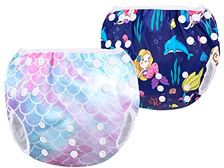 Luxja Riutilizzabile Pannolini da Nuoto (Confezione da 2), Impermeabile Pannolino Piscina, Costume Pannolino Neonato (0-3 Anni), Squame di Pesce + Sirena