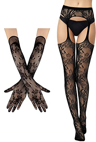 Geyoga Lot de 2 paires de gants en dentelle florale - noir - Medium