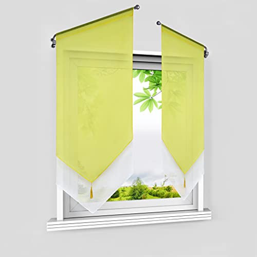 HeichkelL Scheibengardine Voile 2 Stück Bistrogardinen mit Quaste Panneaux Modern Kurzstore mit Tunnelzug Doppelschicht Kleinfenster Vorhänge Gelb BxH 40x90cm*2