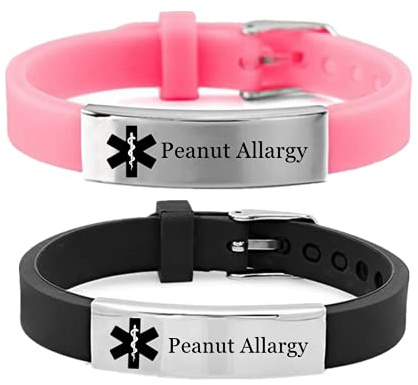 KBNSUIAN 2 Pack Adjustable Medical Alert Peanut Allergy Bracelet for Girl Boy Women Men Personalised Silicone Medic Food Allergic Awareness ID Wristband for Kids Teens Adults,with Aid Bag