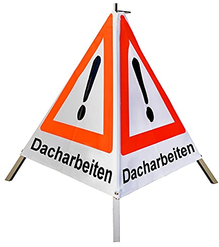 Warnpyramide/Faltsignal - Dacharbeiten - VZ101-Ausrufezeichen (1 - tagesleuchtend weiß, 90 cm leicht mit Mittelfuß)