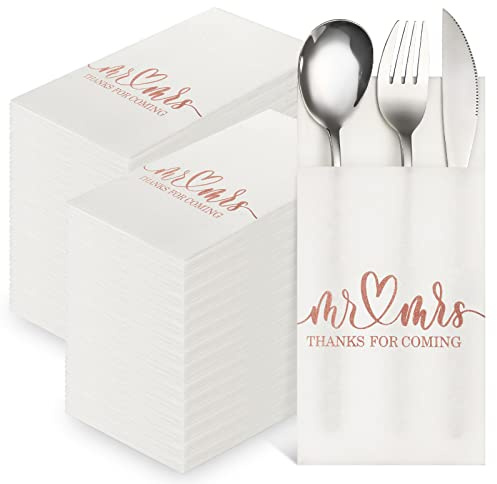 Panelee 100 Pcs Wedding Napkins with Built-in Flatware Pocket Mr and Mrs Personalized Napkins Linen Feel Disposable Dinner Supplies for Wedding Reception Bridal Shower Party Decor(Rose Gold)