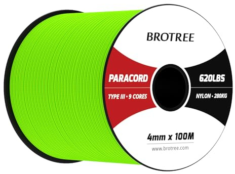 Brotree Paracord 4mm 100M 9 Strands 100% Nylon Rope Type 3 Parachute Cord for Outdoor, Bracelet, DIY - 280kg Breaking Load (Neon Green)