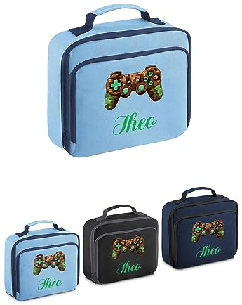 Personalised Lunch Bag Gaming Controller Box Boys Back to School Insulated Front Pocket Age 7 8 9 10 11 Name (Pale Blue)