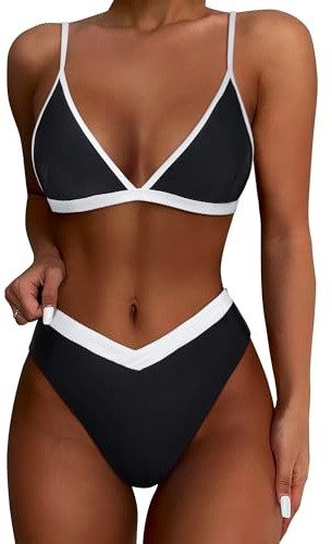 SUUKSESS Women Triangle High Cut Bikini Sets Sexy High Waisted Color Block Two Piece Swimsuits Push Up Bathing Suits(Black White,M)