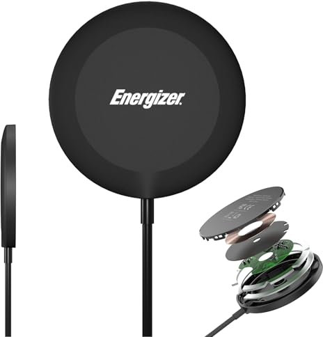 Energizer Wireless Charger Magnetico 15W Compatibile MagSafe | Caricatore Rapido per iPhone e Android | Design Ultra Sottile, Porta USB-C, Protezione Avanzata, Adatto a Custodie Magnetiche | WCP119
