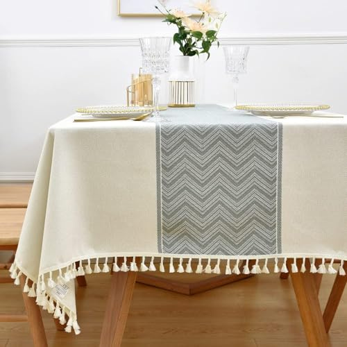 Yofori Cotton Linen Tablecloth Washable Table Cloth Rectangular Dining Table Cover for Kitchen Indoor Outdoor (White, 135 x 180 cm)