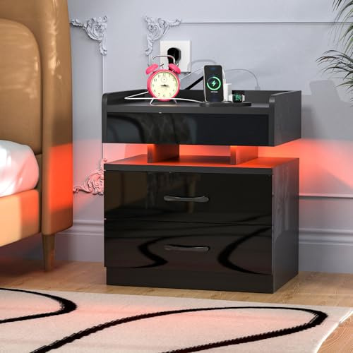 Lvhecforhm Nachttisch Schwarz mit Steckdose, Nachtschrank mit Ladestation und USB Anschlüsse, Nachttisch mit LED-Beleuchtung, Nachttische Hochglanz Front mit 2 Schubladen, Nachtkommode für Wohnzimmer