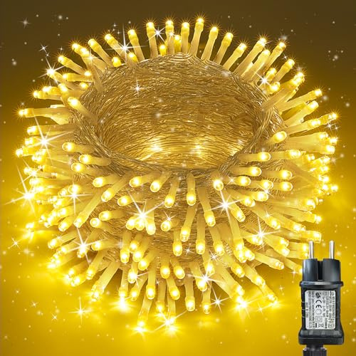 Moxled Lichterkette Außen 35m 350LED, Warmweiß Lichterkette Außen Strom mit Timer Speicherfunktion, Transparente Kabel, Wasserdicht 8 Modi Weihnachtsbeleuchtung für Außen Innen Garten Baum Weihnachten