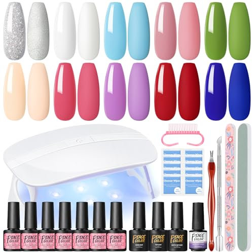 Peacecolor UV Nagellack Set mit UV Lampe, 10 Farben Nagelset Gelnägel Starterset mit Base und Matt Top Coat Gel Nägel Set Gel Nägel Selber Set Geschenk für Frauen 7ml