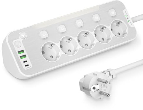 Ciabatta da Scrivania,Multipresa con Interruttori Indipendenti,Ciabatta Angolare Protezione Sovratensione,Presa Multipla Salvaspazio Multipresa Schuko da Parete Presa Angolare Cucina 2M Cavo,Bianco