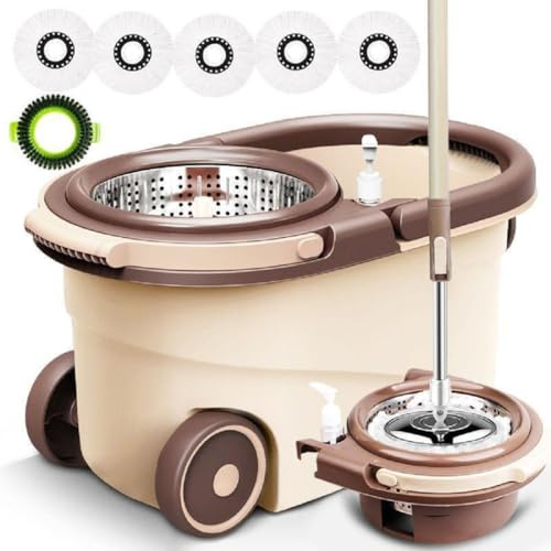 JUNYFFF Mocio Lavapavimenti Rotante,con Acciaio Inossidabile Manico Telescopico, Roto Mop con Secchio E 5 Testine in Microfibra,Spin Mop Professionale per Pulizia Pavimenti, con 1 Spazzola Pavimenti