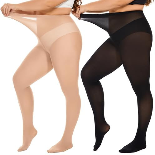 DUCMODA Dam överdimensionerade plus size hög midja tights mikrofiber mjuka tunna strumpbyxor, 2 par-svart+nude, 4XL