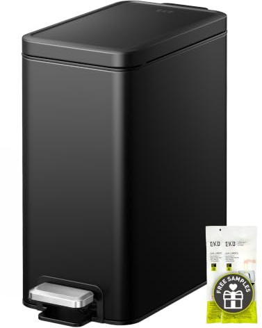 EKO Small Bathroom Trash Can with Lid Soft Close, Step Pedal, 10 Liter / 2.6 Gallon Stainless Steel Garbage Can with Removable Inner Bucket, Anti-Fingerprint Finish (Matte Black)