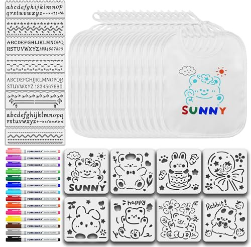 Dioshark Baby Weiß Lätzchen zum DIY Bemalen, 14 Stück Baumwolle Essenslätzchen Wasserdichte für Babyparty, Sabber Babylätzchen Set mit 14 Bunten Textilstifte, 16 Buchstaben Zahlen Tiere Schablonen
