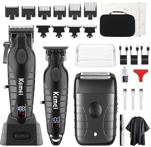 KEMEI Cortapelos profesional para hombre, inalámbrico, eléctrico, cuchillas en T, kit de maquinilla de afeitar, recargable por USB, con 9 peines de guía