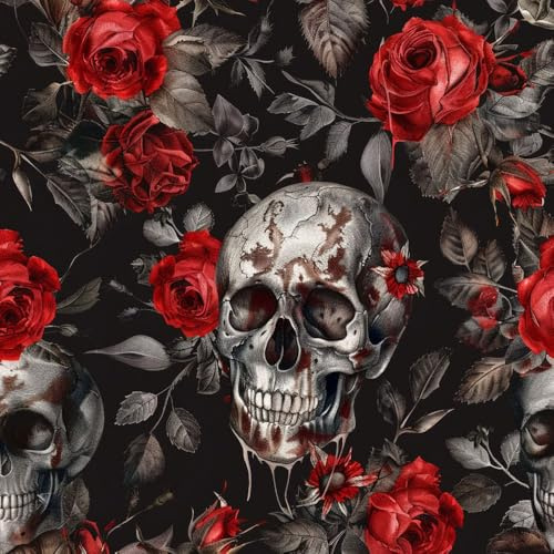 JIAOQSS Klebefolie Möbelfolie Tapete Totenkopf Rote Rose Dunkel Mustertapete Möbelfolie Selbstklebend Klebefolie Muster Wasserdichte Möbelaufkleber Vinyl Folie für Möbel, Küche, Schlafzimmer