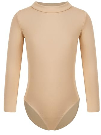 iiniim Mädchen Fleece Turnanzug Gymnastikanzug Langarm Ballettanzug Stehkragen/Rundhals Gymnastik Leotard Ballett Trikotanzug Tanzbody A Hautfarbener Rollkragen 140-146
