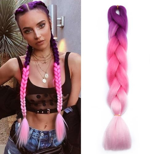 Benehair Extensiones de pelo sintético Ombre Jumbo para trenzar, caja de trenzas, extensiones de pelo trenzado, para mujer, niña, lila, rosado/rosa, 60 cm